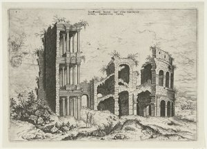 Vista del Septizonium y el Coliseo en Roma Septizonii Severi Imp (...) (título sobre el objeto) Ruinas romanas (título de la serie) de Hieronymus Cock