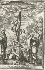 Crucifixión con María, Juan el Bautista y María Magdalena de Hieronymus Cock