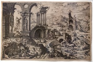 Paisaje de ruinas con el santo Jerónimo penitente de Hieronymus Cock