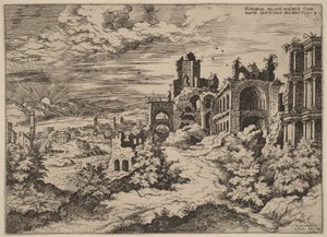 Ruinas en el Palatino con un paisaje panorámico de Hieronymus Cock
