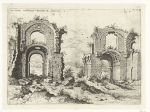 Segunda vista de las Termas de Diocleciano Ex Rvinis Thermarvm Antonini Pii (...) (título sobre el objeto) Ruinas romanas (título de la serie) de Hieronymus Cock