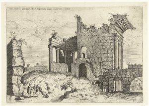 Tweede gezicht op het Forum Nerva Ex incertis qvibvsdam Ro Antiqvitatis rvinis (...) (título sobre el objeto) Ruinas romanas (título de la serie) de Hieronymus Cock