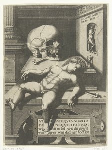 Actuación de vanitas con niño y calavera (Hodi mihi kras tibi / Hoy yo, mañana tú) de Hieronymus Cock