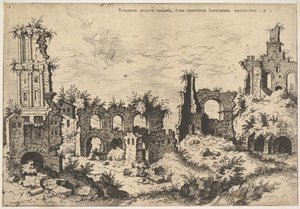 Vista de las ruinas en la Colina Palatina con fachada trabada a la izquierda y arcadas en el centro de Hieronymus Cock