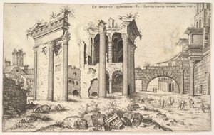 Vista de ruinas no identificadas con fachada trabada a la izquierda, arcadas en el centro y arco, 1551 de Hieronymus Cock