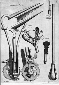 Ginecología: Placa que representa un espéculo. Grabado por Girolamo Fabricii en "Opera Surgica", Padua de Hieronymus Fabricius ab Aquapendente