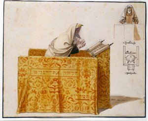 Acuarela, pluma, 27 x 33 cm. Rabino en una sinagoga, dibujo de Hieronymus Hess (1799 - 1850), proyecto para figurilla. (JM 1190) Museo Judío de Basilea, Suiza. de Hieronymus Hess