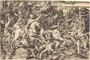 Combate entre jinetes y soldados de infantería de Hieronymus Hopfer after Raphael