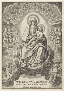 María con el Niño Jesús en la Luna Creciente Ave Regina Caelorum, Ave Domina Angelorvm (título sobre objeto)