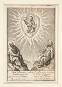 El niño con el corazón en llamas entre Ignacio de Loyola y Francisco Javier de Hieronymus Wierix