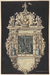Boceto para un epitafio con la crucifixión de Cristo. Un marco ricamente ornamentado con numerosas figuras