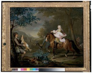 Un caballero a caballo con cazadores en un extenso paisaje de Hieronymus van der Mij