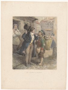 Caballero bien vestido enciende su cigarro de la pipa de un trabajador en harapos Les extrêmes se touchent (título sobre objeto) Bocetos litográficos (título de la serie) Croquis lithographiques (título de serie sobre objeto) de Hippolyte Bellange