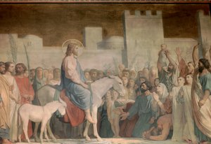 Entrada de Cristo en Jerusalén el Domingo de Ramos: los habitantes lo saludan con alegría extendiendo sus ropas en el suelo, agitando ramas de olivo. Detalle de un fresco de Hypolithe Flandrin (1809-1864) siglo XIX Iglesia de Saint Germain des Pres, París
