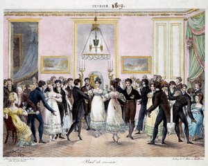 Baile de sociedad en París en la tienda de lápices Conte, plaza del palacio real en febrero de 1819 de Hippolyte Lecomte