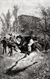 El joven Servicio montando un avestruz. Grabado de Hippolyte Leon Benett