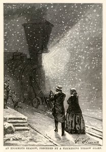 Una sombra enorme, precedida por un resplandor amarillo parpadeante, de La vuelta al mundo en ochenta días de Julio Verne (1828-1905) grabado por Adolphe François Pannemaker (1822-1900), 1873