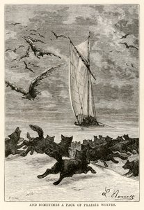 Y a veces una manada de lobos de la pradera, de La vuelta al mundo en ochenta días de Julio Verne (1828-1905) grabado por Louis, 1873