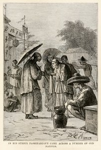En su paseo Passepartout se encontró con varios viejos nativos, de La vuelta al mundo en ochenta días de Julio Verne (1828-1905), grabado por Adolphe François Pannemaker (1822-1900), 1873 de Hippolyte Leon after Benett