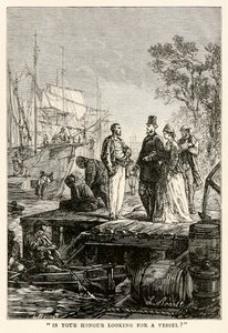 ¿Está su señoría buscando un barco?, de La vuelta al mundo en ochenta días de Julio Verne (1828-1905), grabado por Louis Prevost, 1873 de Hippolyte Leon after Benett