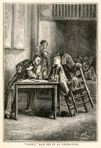 Escucha, dijo Fix en un tono bajo, de La vuelta al mundo en ochenta días de Julio Verne (1828-1905) grabado por Henri-Théophile Hildebrand (1824-97), 1873