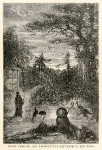 Cayó la noche, y Passepartout regresó a la ciudad, de La vuelta al mundo en ochenta días de Julio Verne (1828-1905), grabado por Louis Prevost, 1873