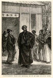 Passepartout salió envuelto en una vieja bata japonesa, de La vuelta al mundo en ochenta días de Julio Verne (1828-1905), grabado por Louis Prevost, 1873 de Hippolyte Leon after Benett