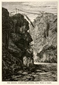 El puente, completamente arruinado, cayó con un estruendo, de La vuelta al mundo en ochenta días de Julio Verne (1828-1905) grabado por Louis, 1873