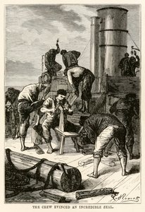 La tripulación mostró un celo increíble, de La vuelta al mundo en ochenta días de Julio Verne (1828-1905) grabado por Louis Dumont (n.1822), 1873