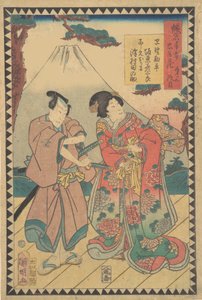 Acto VII Dai nanadanme: Actores Kataoka Nizaemon VIII como Oboshi Yura..., 1862 Bunkyu 2, 6º mes de Hirasawa Kuniaki
