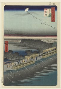 Vista del dique de Nihon cerca del Yoshiwara
Yoshiwara Nihonzutsumi (título en el objeto)
Cien caras famosas de Edo (título de la serie)
Meisho Edo hyakkei (título de la serie en el objeto) de Hiroshige (I) , Utagawa