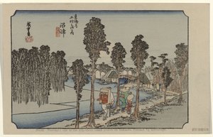 Namazu No. 13: Namazu: uno de los cincuenta y tres lugares destacados en Tokaido. Pintado por Hiroshige (título sobre el objeto) De Tôkaidô van Hiroshige (título de la serie) Hiroshige no fude Tôkaidô (título de serie sobre objeto)