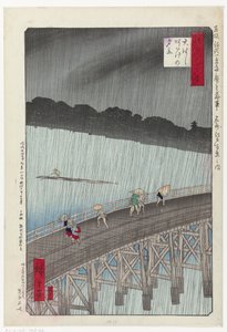 Inesperado chaparrón en el gran puente de Atake
Ohashi Atake no yudachi (título en el objeto)
Selección de 48 vistas de Edo (título de la serie)
Senshutsu Edo yonjuhakkei (título de la serie en el objeto) de Hiroshige (I) , Utagawa
