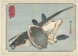 Pescado plano, abulón y bayas Kochi awabi (título sobre objeto) de Hiroshige (I) , Utagawa