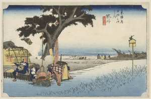 Theehuis in de buitenlucht en Fukuroi Fukuroi, dechaya no zu (título sobre objeto) De 53 estaciones van de Tokaido (título de la serie) Tokaido gojusan tsugi no uchi (título de la serie) de Hiroshige (I) , Utagawa