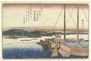 Atardecer en la playa de Shiba. Shibaura no seiran (título sobre objeto) Ocho vistas del área de Edo (título de la serie) Edo kinko hakkei no uchi (título de la serie sobre el objeto) de Hiroshige (I) , Utagawa