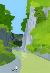 Un hombre pescando en un valle de Hiroyuki Izutsu