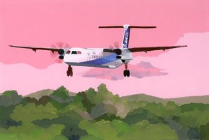 Aterrizaje de un avión en un pequeño aeródromo, 2015 (gouache sobre papel) de Hiroyuki Izutsu