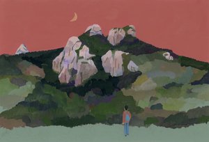 Hombre con mochila viajando por la montaña, 2015 (gouache sobre papel) de Hiroyuki Izutsu