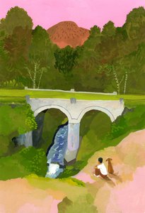 Mirar el puente con su perro al atardecer