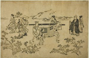 Un palanquín que pasa, de la serie "Escenas de observación de flores en Ueno (Ueno hanami no tei)" de Hishikawa Moronobu