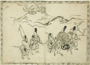 El viaje oriental de Narihira, del libro ilustrado "Panorama de pinturas en biombos y pergaminos colgantes (Byobu kakemono ekagami)" de Hishikawa Moronobu