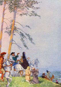 La primera vista de Canterbury por los peregrinos (litografía en color) de Honor Charlotte Appleton