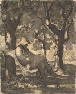 Un hombre leyendo en un jardín recto..., ca. 1865 de Honoré Daumier
