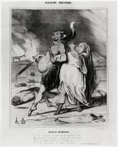 Historia antigua: Menelao vencedor, caricatura para ilustrar un extracto de la Ilíada de Homero: “En las murallas humeantes de la soberbia Troya, Menelao, hijo de los dioses, como un rico botín, arrebata a su rubia Helena y la lleva a su corte Más hermosa  de Honoré Daumier