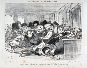 Serie Phyonomies des Chain de Ferr: Viajeros hambrientos precipitándose hacia el buffet de una estación. MUSEO DE BELLAS ARTES - PALAIS LONGCHAMP, MARSELLA de Honoré Daumier