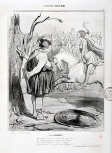 Obra de Honoré Daumier (1808-1879). Charivari data de 1842: Serie HISTORIA ANTIGUA Las Amazonas. "Al primer fuego del día, ante su noble reina, se las vio domando caballos llenos de ardor. Y el joven vencedor en medio de la arena recibió..." de Honoré Daumier