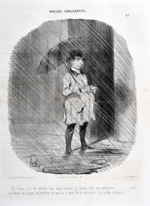 Obra de Honoré Daumier (1808-1879). Charivari data de 1842: Serie COSTUMBRES CONYUGALES “Mi esposa me dijo que esperara cinco minutos, subo a mi costurera hace una hora y cuarto y la puerta dice que en la plaza de la costurera hay estudiantes!”