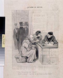Serie LES PEANS DE JUSTICE. "¿Tienes que escribir una carta para hacerlo tierno? - ¡Asistiendo a un alguacil! ¿No eres francés, buen hombre?" Dim 37.5x28. Extracto del periódico Le Charivari de Honoré Daumier
