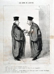 Obra de Honoré Daumier (1808-1879). Charivari data de 1845: Serie LES PEOPLES DE JUSTICE -¡Como te dije verazmente tu hecho! Éramos hermosos. ¡Éramos hermosos!... ¡realmente solo en el Palais sabemos la forma de argumentar y hablar de ello!